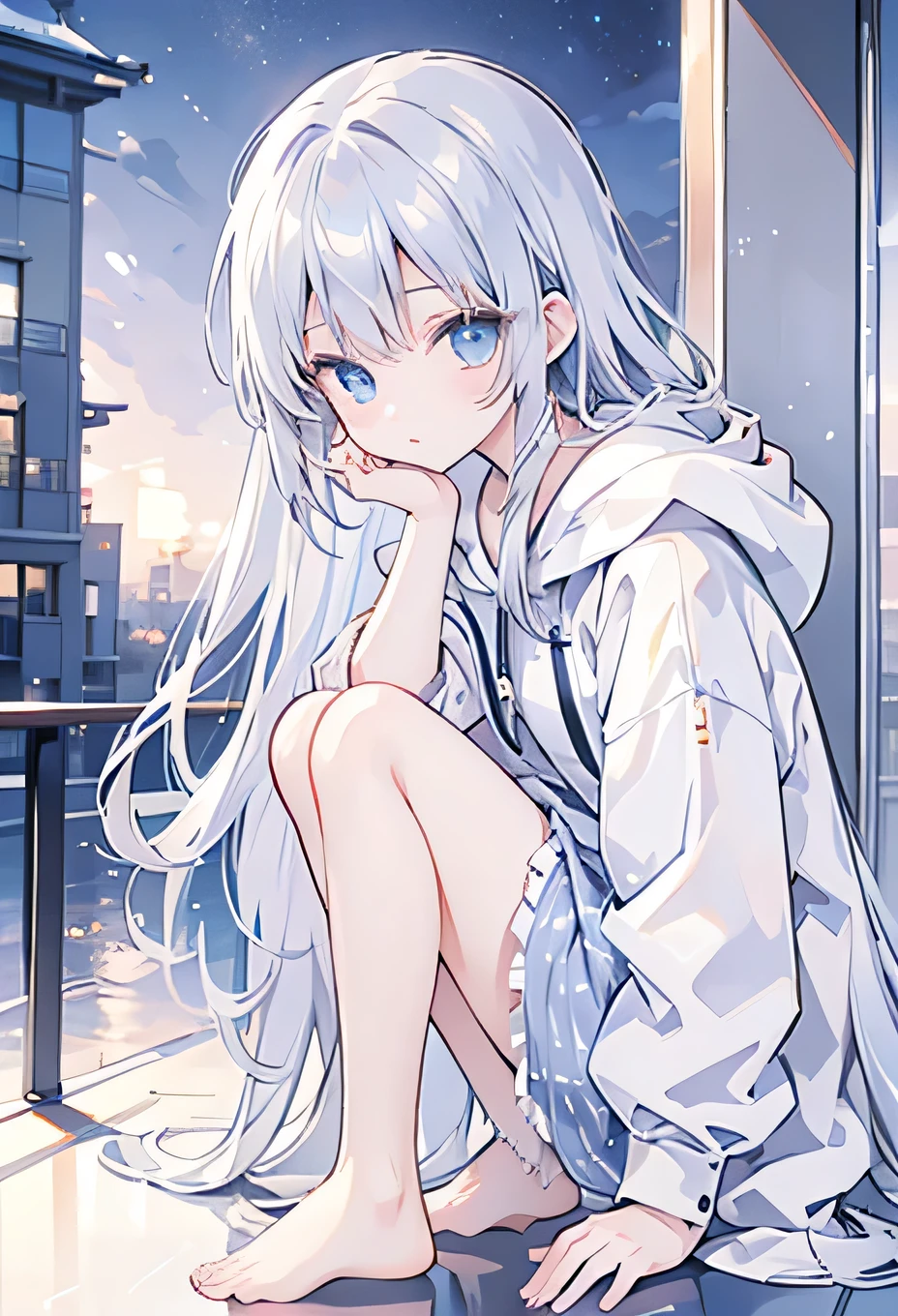 cute、blue eyes、Silver Hair、high resolution、hoodie、cool、、evening