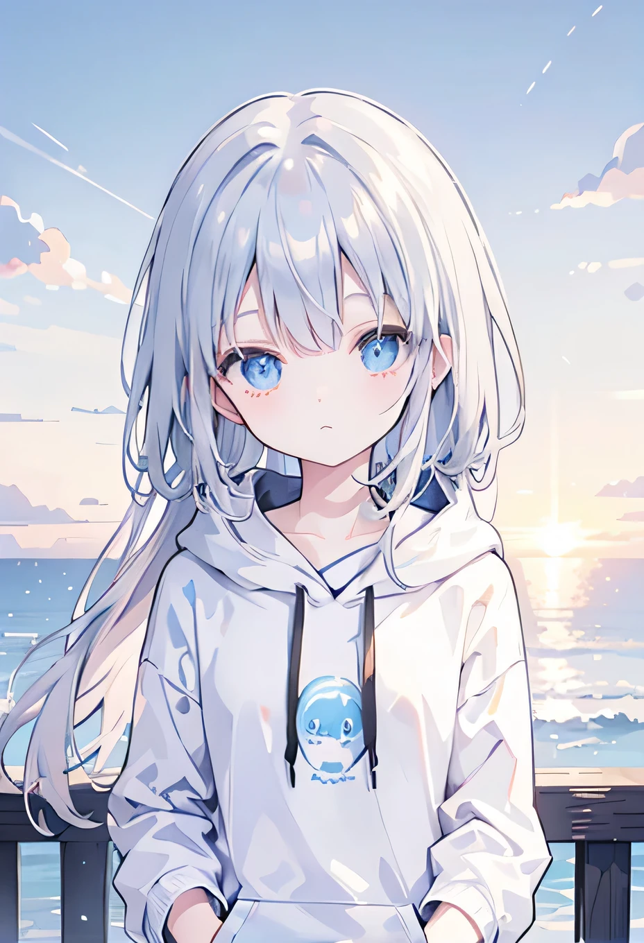 cute、blue eyes、Silver Hair、high resolution、hoodie、cool、coastal、Sunset