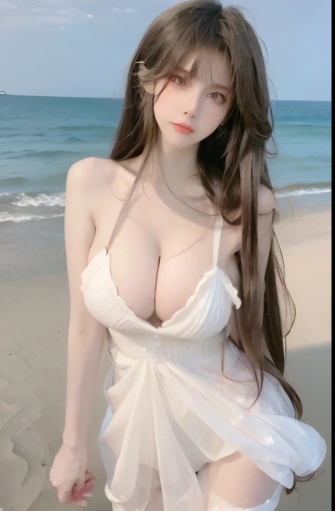 Beautiful woman with perfect body：1.4，Layered Hairstyle，Prominent cleavage，Highly detailed face and skin textures，Double eyelids，Skin Whitening，Long hair，Whitened long legs，（Red Dress），Standing by the sea