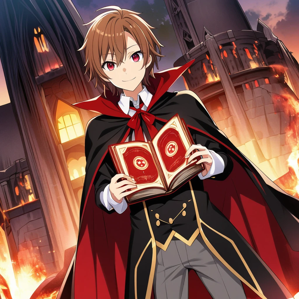 Asakura Yoh \(AKB0048 Next Stage\), (short brown hair), (blood red eyes):1.2, vampire costume, bangs, smiling cheerfully, cape, magic book, ((ultra-detailed)), ((illustration)), ((neat hair)), (beautiful detailed eyes), male, 1boy, standing, ((Mage Tower)), looking at viewer
