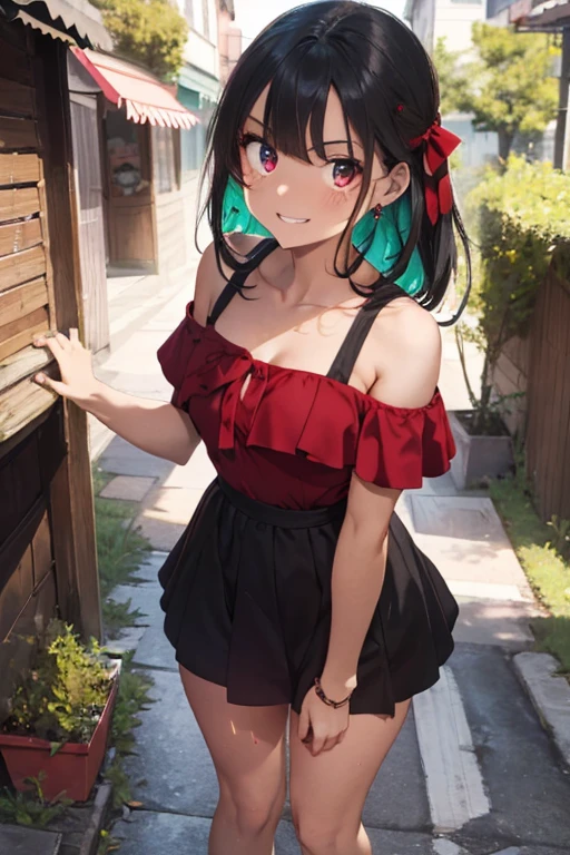 beautiful hair, beautiful face, beautiful detailed eyes, beautiful clavicle, beautiful body, beautiful chest, beautiful thigh, beautiful legs, beautiful fingers, off-shoulder red dress, sleeveless black, brown tight mini skirt, ), emerald green hair ribbon), (beautiful scenery), morning, (street), standing, upper eyes, (with sparkling eyes and a contagious smile:1.2),looking at Viewer