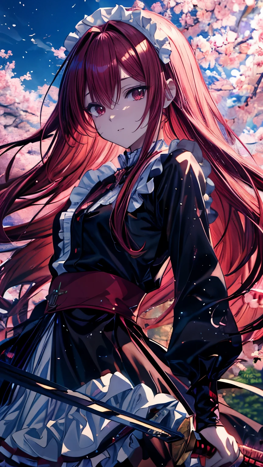 Maid、high quality、high resolution、beautiful、Crimson Red Long Hair、Anime girl with a sword, Best Anime 4K Konachan Wallpaper, Detailed digital anime art, Detailed anime artワーク, anime art wallpaper 4k, anime art wallpaper 4k, Detailed anime art, anime wallpaper 4k, anime wallpaper 4k, Anime Art Wallpapers 8K, 4k anime wallpaper, 8k high quality detailed art