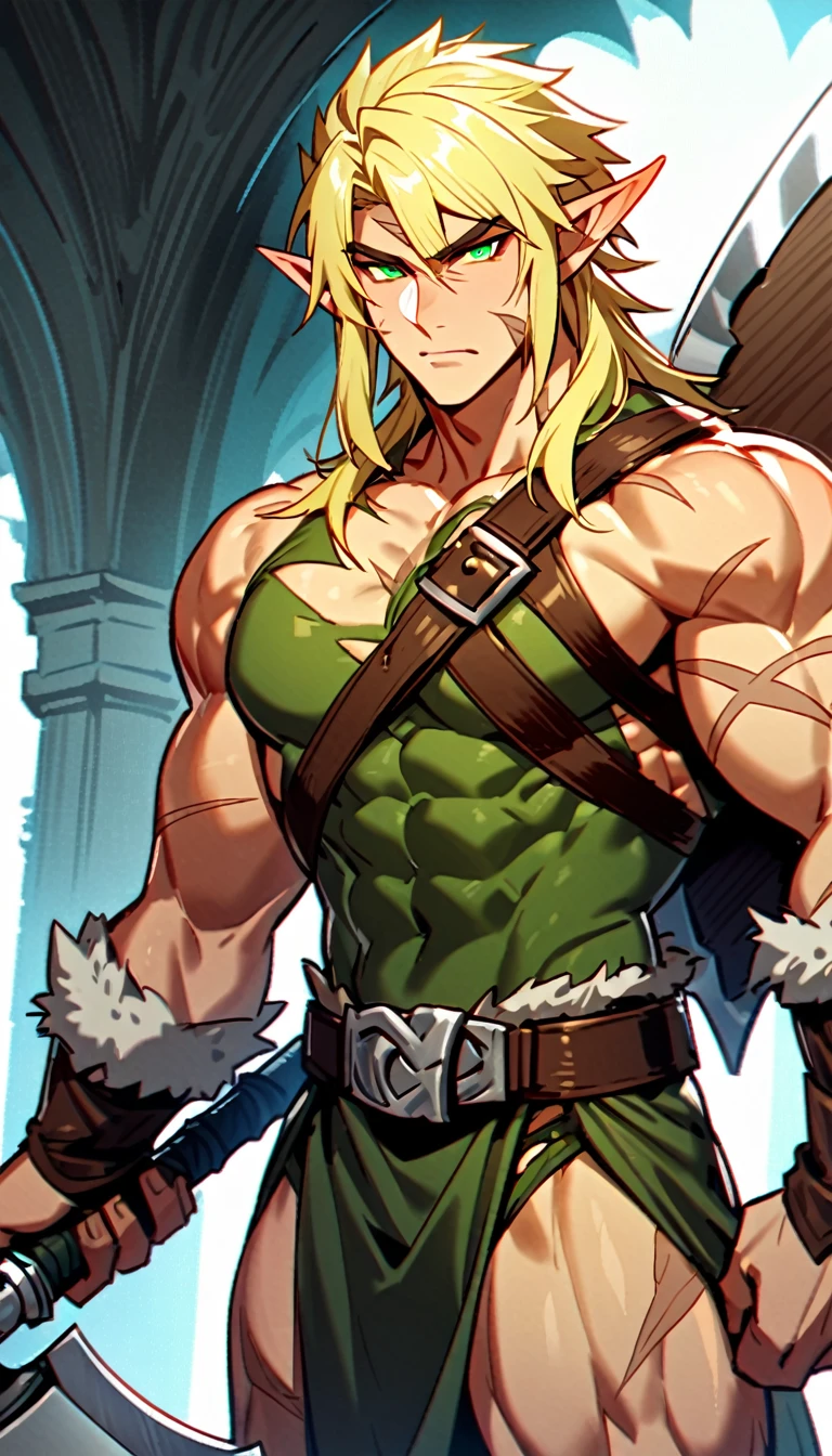 A male high elf barbarian. The high elf should be a man with blonde hair and green eyes. The elf should have a muscular body with scars. The elf should have a powerful axe and a barbarion outfit.