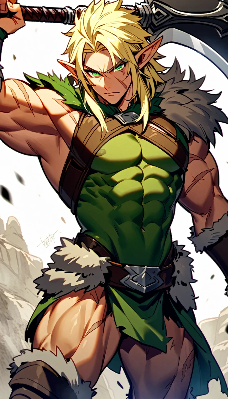 A male high elf barbarian. The high elf should be a man with blonde hair and green eyes. The elf should have a muscular body with scars. The elf should have a powerful axe and a barbarion outfit.