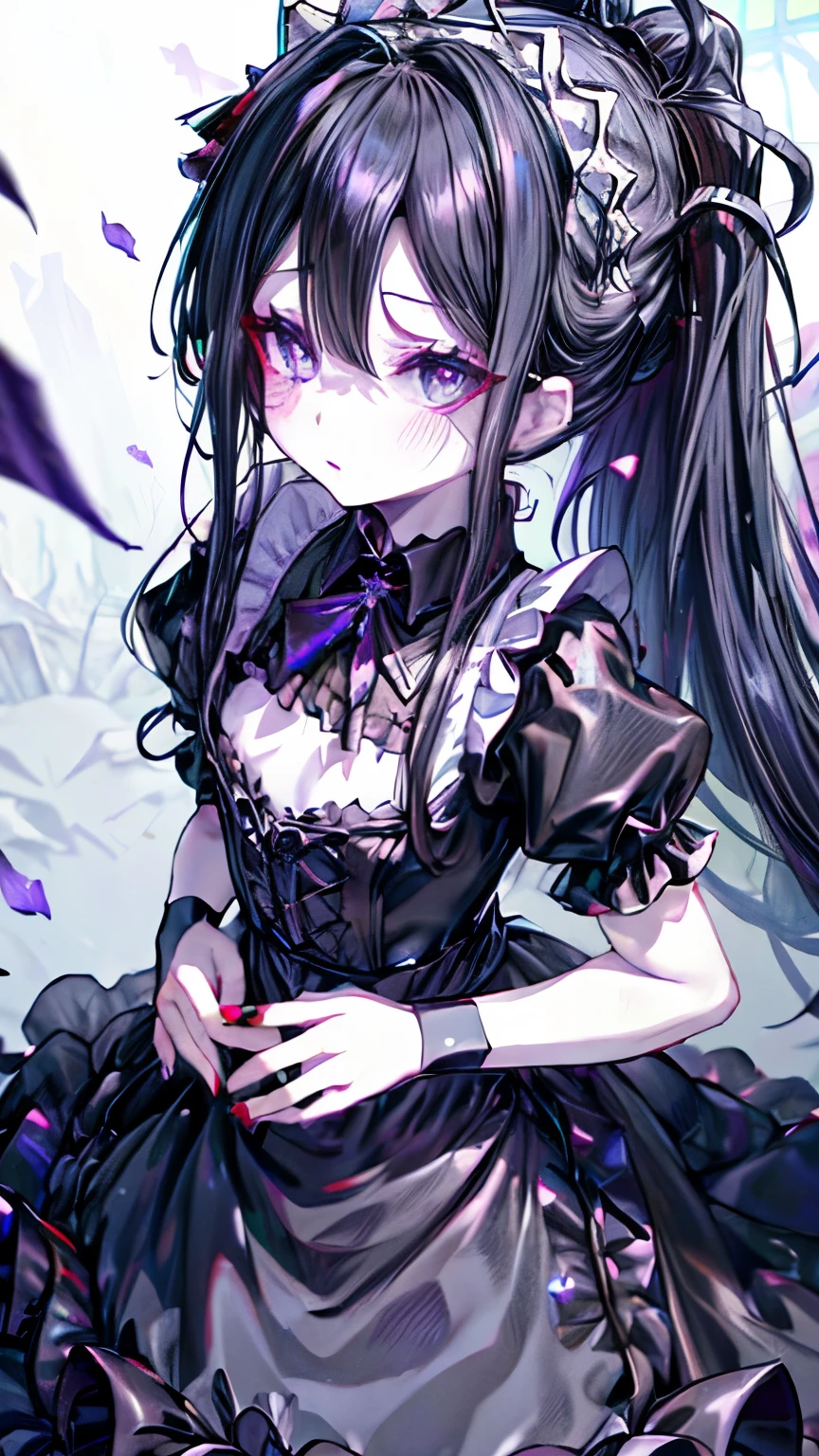 Dragon Maid、Black tiara with diamond in the middle、Thin body、Beautiful breasts、Red lipstick、Pale skin、Shiny purple eyes、The black dress、White ruffles on skirt、Black rose petals fluttering、high resolution、high quality、High Definition