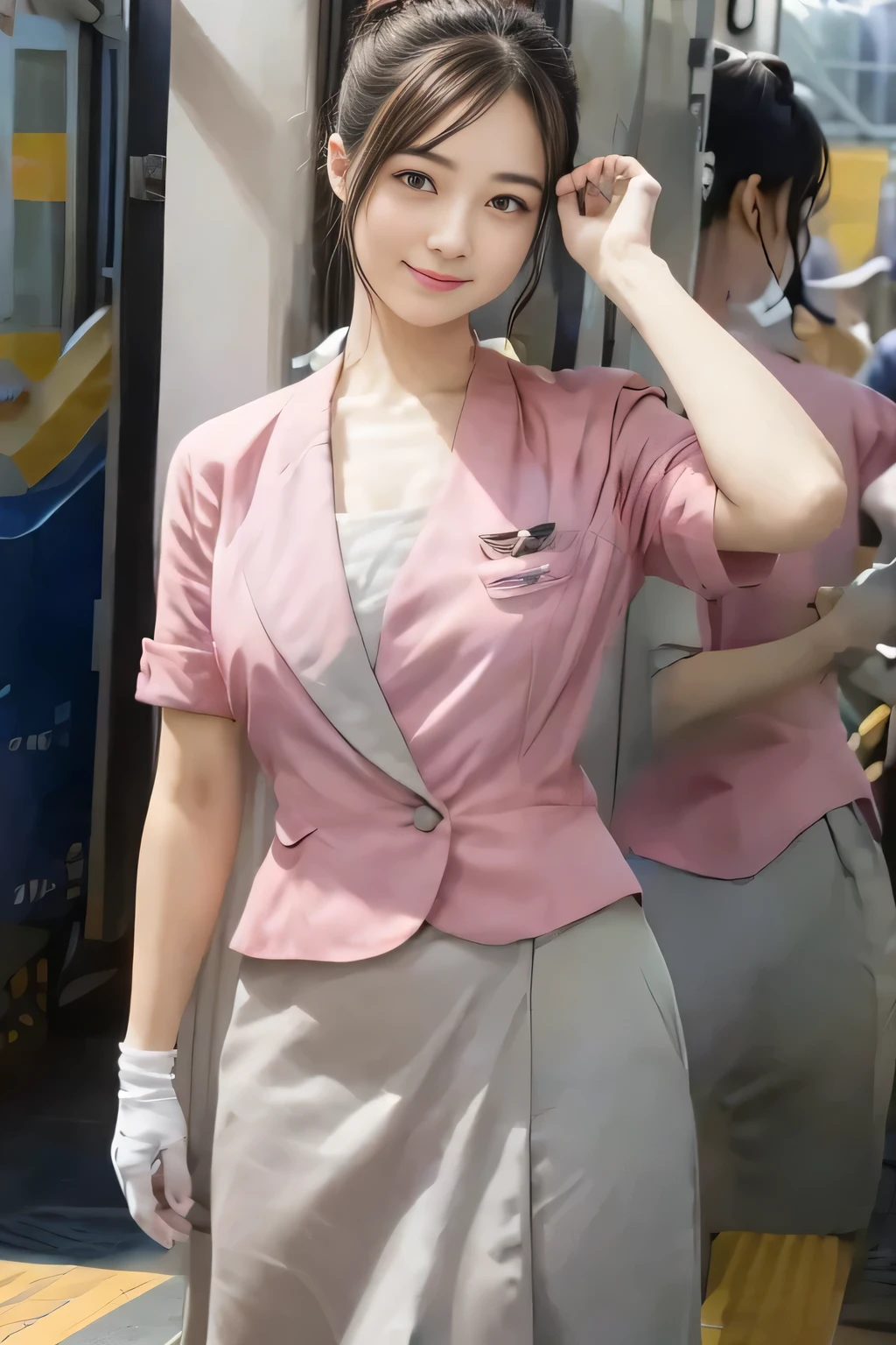 (masterpiece:1.2, highest quality:1.2), 32K HDR, High resolution, (alone、1 girl)、（On the rooftop of a building in the daytime、Professional Lighting）、Building rooftop background、（Nankai train crew uniform pinkを着たリアルスタイル）、（Nankai train crew uniform pink short sleeve pink jacket、Nankai Train Crew Uniform Pink Collarless Short Sleeve Blouse、Nankai Train crew uniform pinkのグレー色のキュロットスカート）、Dark brown hair、（Hair tied up、Hair Bun、Hair Bun）、Dark brown hair、Long Shot、Big Breasts、Thin legs、（（Great hands：2.0）），（（Harmonious body proportions：1.5）），（（Normal limbs：2.0）），（（Normal finger：2.0）），（（Delicate eyes：2.0）），（（Normal eyes：2.0））)、smile、（Nankai Train crew uniform pinkのグレー色のキュロットスカートを見せた美しい立ち姿）、Put your hands down、I have nothing in my hands
