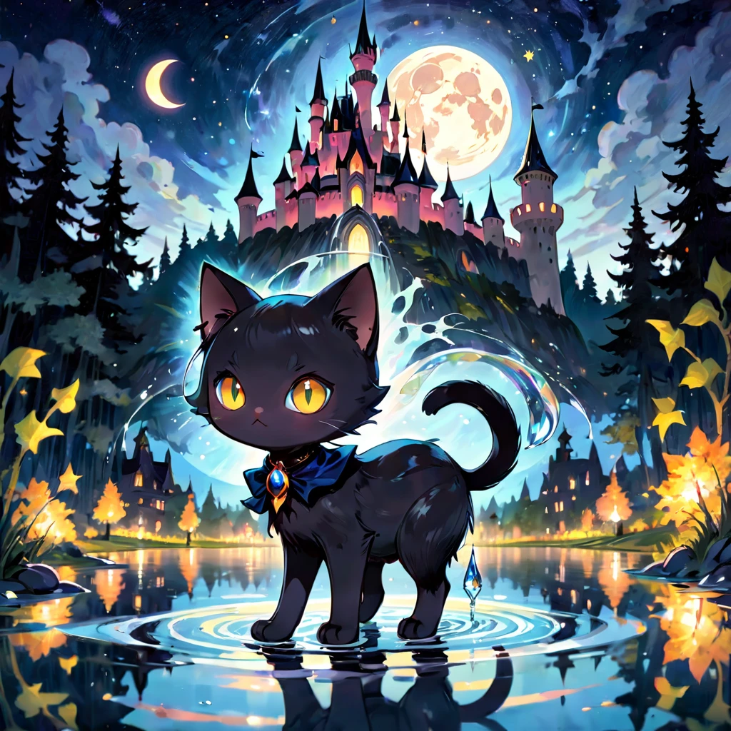 Black cat, alone,  witch, Have, Cape, Black Short Hair, Long Tail, jewelry, gem, Shine effect, Decorations, Walking on Water, Reflective water, castle, Tower, forest, night, starry sky, star\(symbol\),moon, from the front, no human, , masterpiece, highest quality, Super detailed, Perfect Anatomy, Anatomically correct, Bright colors,