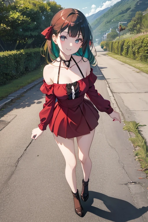 beautiful hair, beautiful face, beautiful detailed eyes, beautiful clavicle, beautiful body, beautiful chest, beautiful thigh, beautiful legs, beautiful fingers, off-shoulder red dress, sleeveless black, brown tight mini skirt, ), emerald green hair ribbon), (beautiful scenery), morning, (street), standing, upper eyes, (with sparkling eyes and a contagious smile:1.2),looking at Viewer