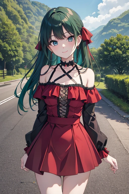 beautiful hair, beautiful face, beautiful detailed eyes, beautiful clavicle, beautiful body, beautiful chest, beautiful thigh, beautiful legs, beautiful fingers, off-shoulder red dress, sleeveless black, brown tight mini skirt, ), emerald green hair ribbon), (beautiful scenery), morning, (street), standing, upper eyes, (with sparkling eyes and a contagious smile:1.2),looking at Viewer