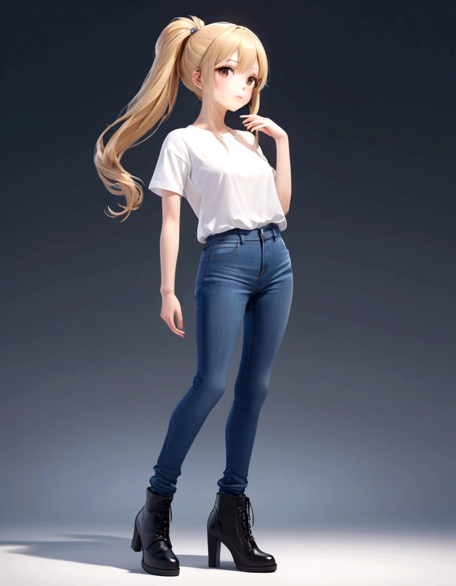 Close-up of man in jeans and white shirt, Realistic anime 3D style, Casual posture, Realistic young anime girl, Realistic anime girl rendering, Single character full body, long-haired blonde anime girl, render of a cute 3D Anime Girl, female anime character, Smooth anime CG art, Anime VTuber full body model, 3D Anime Girl