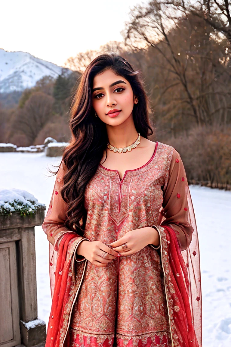 lovely cute young attractive indian girl, brown eyes, gorgeous actress, 23 years old, cute, an Instagram model, long blonde_hair, colorful hair, winter , Indian, wearing salwar-kameez and dupatta