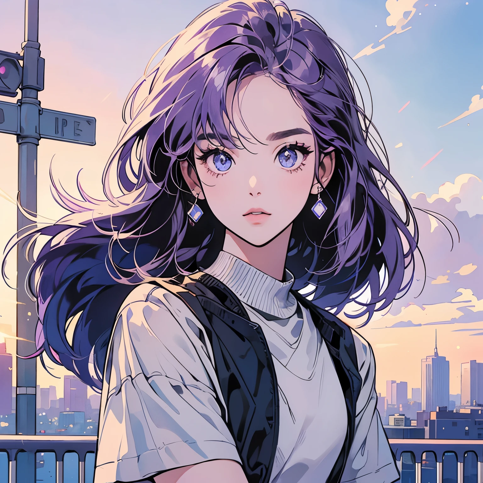 Upper Body、woman１people、highest quality、8K、The wind is blowing、Short sleeve sweater、Sunset、City of the Future、skyscraper、electric wire、pedestrian crossing、logo、line、station、(((Sparkling Eyes)))、(((Strong gaze)))、Light purple hair、Hair Length Medium、Detailed Hair、Complex background、Detailed、Faint lighting、Backlight、dim、Clouds in the sky、front