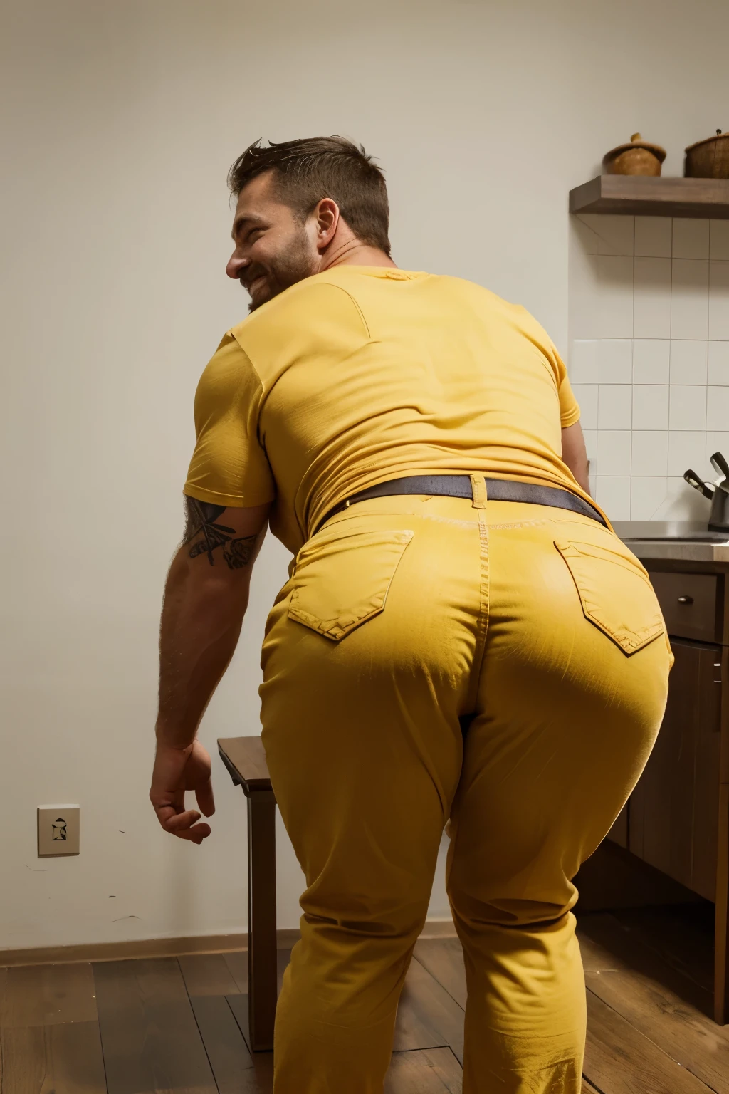 Award-winning original photoen, 30 years old man and wild muscular man, 40 years old, short beards, burly, hunk, wearing shirts, smilling happil, detailed, lovely, full body,  yellow jeans (((backside))) (((bent over )))