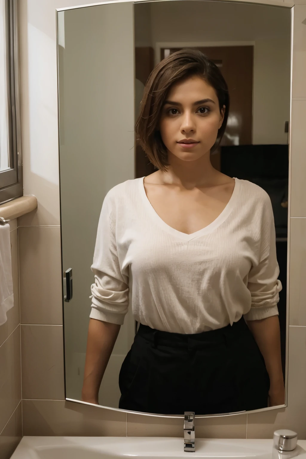 Mujer de pelo corto, medium chest taking a photo in front of the mirror with her phone 