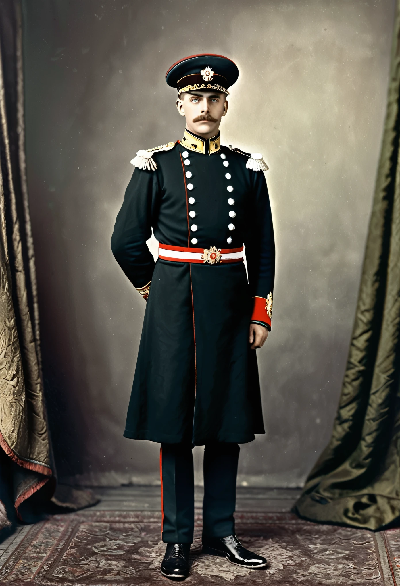 arafed image of a man in a uniform posing for a picture, a colorized photo inspired by Otto Pilny, flickr, fine art, award winning colorized photo, imperial russia, wearing russian ww 1 clothes, russian ww 1, young tsar, in black military uniform, in military uniform, great emperor of russian empire, colourized, colorized