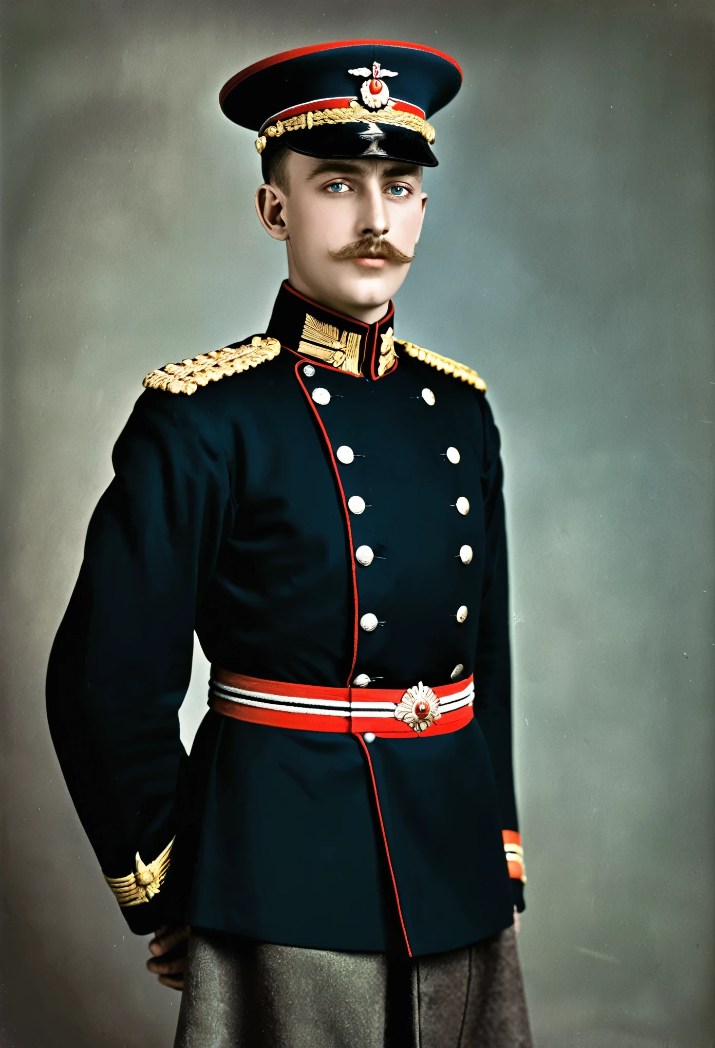 arafed image of a man in a uniform posing for a picture, a colorized photo inspired by Otto Pilny, flickr, fine art, award winning colorized photo, imperial russia, wearing russian ww 1 clothes, russian ww 1, young tsar, in black military uniform, in military uniform, great emperor of russian empire, colourized, colorized