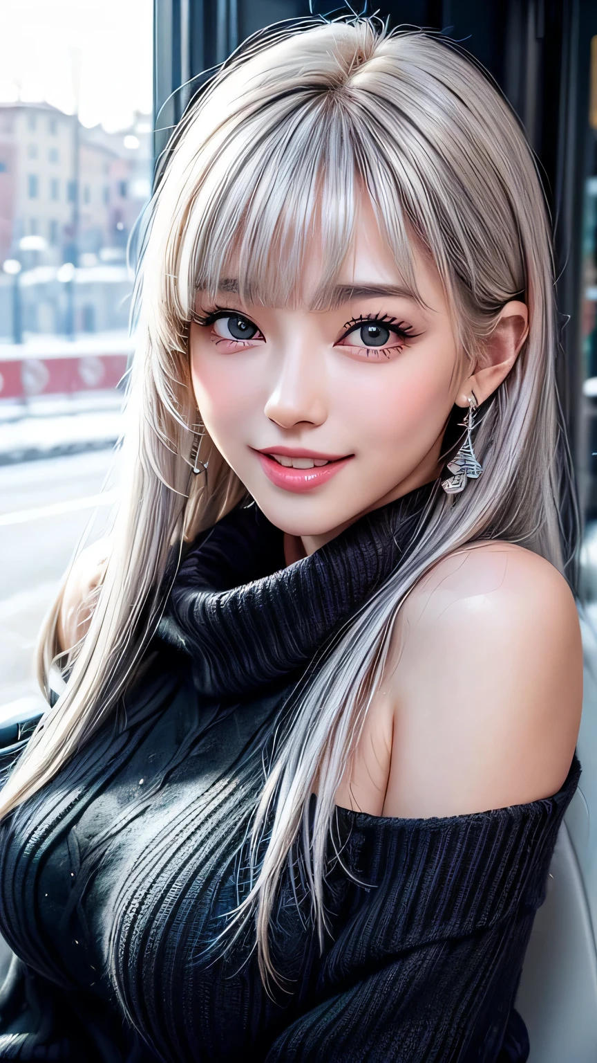 (Tabletop, highest quality、Attention to detail:1.1、Very attractive adult beauty、Add vibrant highlights to your eyes、Backwards、Looking Back、A beautiful woman with mature charm、Perfect Anatomy、Silver Hair、Long Hair、Shiny Hair、Lip gloss),1 girl, alone, Realistic、Please tilt your head a little, short and Shiny Hair、 Knitted sweater、Stylish scarves,bangs、Big eyes、eyelash、Face is a little red、Embarrassing)、((Italian road system in winter、Absolutely beautiful bangs:1.4))、Big eyes、Give students a very strong highlight、(Huge breasts:1.4}、Very large breasts、Very beautiful beauty、Listen carefully、Long neck、Laugh a little、Beautiful Teeth、Laughing with your mouth open、Heart shaped eyes))、28 years old、Very cute supermodel、expensive