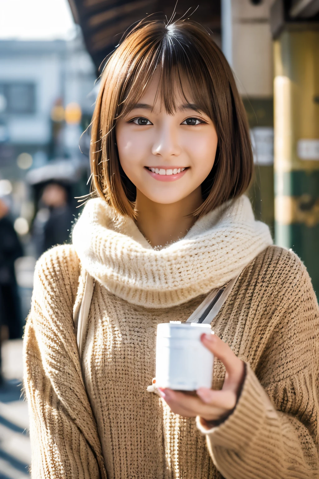 masterpiece , highest quality , Very detailed , 8k , photograph ,Cute Woman , Wearing a white mask,18-year-old, 1 girl , sweater , bangs , smile ,  , Symmetrical eyes , Brown Hair , Bobcut , In front of Shinagawa Station , Ticket gate ,