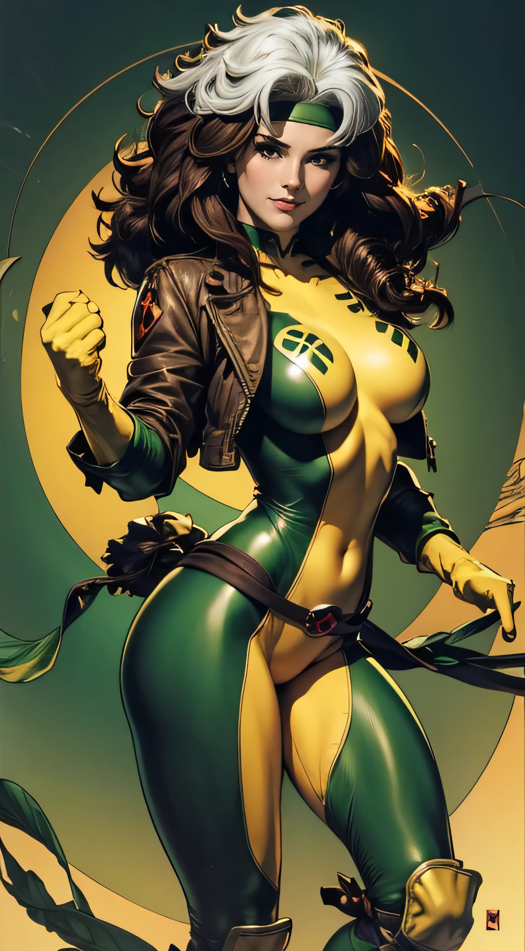 masterpiece:1.0), (best_quality:1.2), Classic Rogue, 1991 Rogue X-Men, 1 girl, Only 1, rear view, medium length hair, brown hair, wavy hair, messy hair, one lock of white hair, green eyes, sexy look, smirking, fit figure, curvy figure, big breasts, big butt, lipstick, makeup, jacket, green headband, belt, yellow gloves, skin tight bodysuit, open jacket, light source from above, (realism: 1.5), (Realistic: 1.4), (Absurdity:1.4), 8k, ultra-detailed, Detailed Beautiful Woman, (Art Nouveau style), influence by John William Waterhouse and Alphons Mucha, circles, banners, b