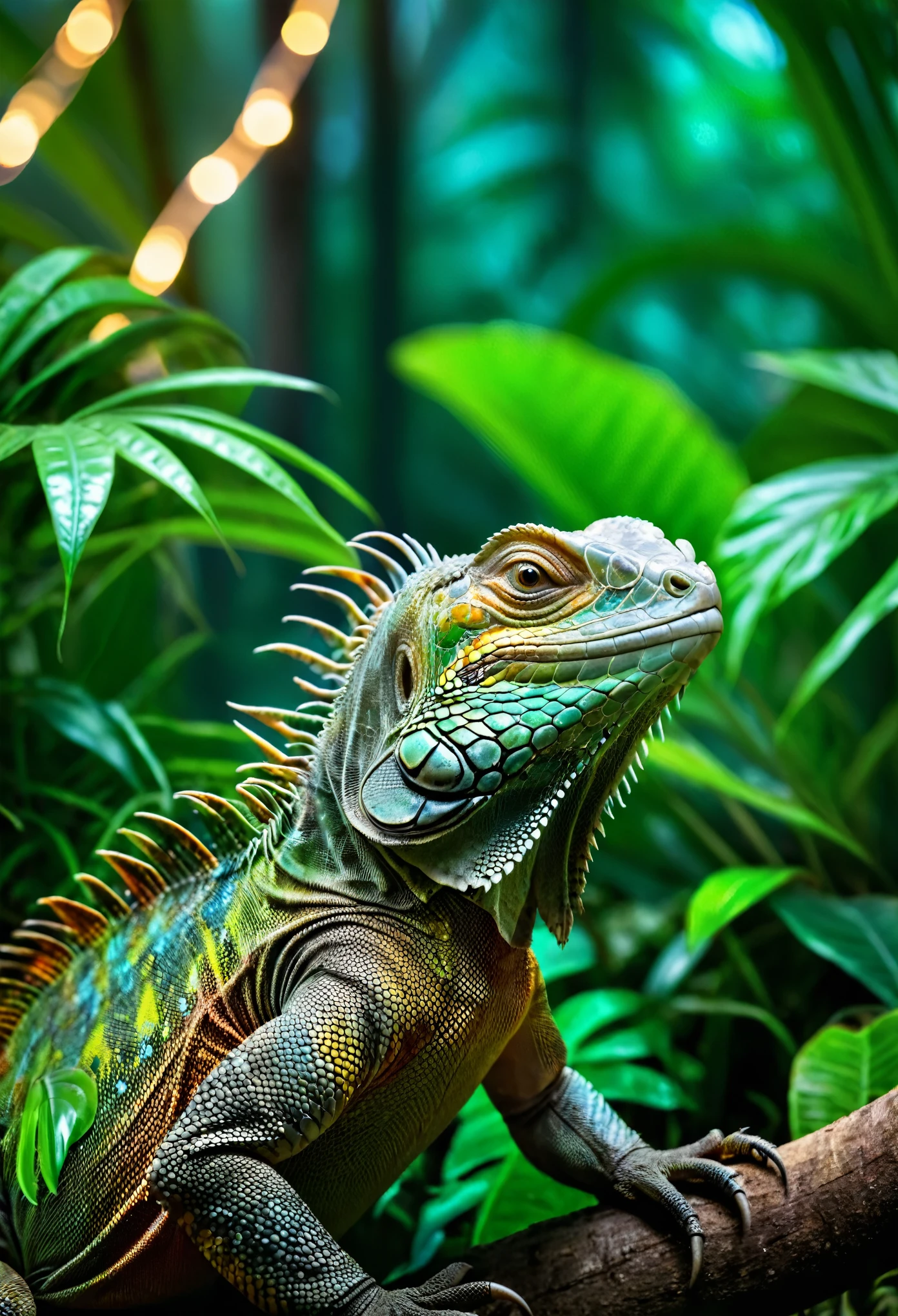 iguana in the jungle, closeup, ultra detailed, fairy lighting, photorealistic, bright colors, cinematic, movie still, captured in the style of Sony Alpha A7 III camera