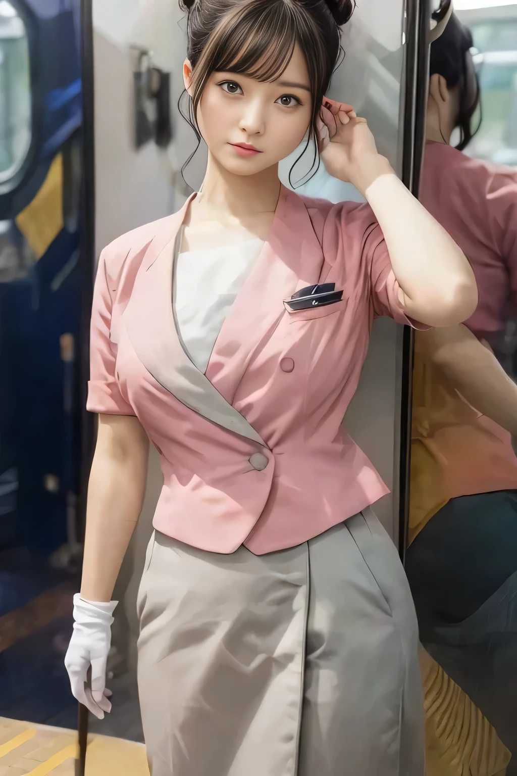 (masterpiece:1.2, highest quality:1.2), 32K HDR, High resolution, (alone、1 girl)、（On the rooftop of a building in the daytime、Professional Lighting）、Building rooftop background、（Nankai train crew uniform pinkを着たリアルスタイル）、（Nankai train crew uniform pink short sleeve pink jacket、Nankai Train Crew Uniform Pink Collarless Short Sleeve Blouse、Nankai Train crew uniform pinkのグレー色のキュロットスカート）、Dark brown hair、（Hair tied up、Hair Bun、Hair Bun）、Dark brown hair、Long Shot、Big Breasts、Thin legs、（（Great hands：2.0）），（（Harmonious body proportions：1.5）），（（Normal limbs：2.0）），（（Normal finger：2.0）），（（Delicate eyes：2.0）），（（Normal eyes：2.0））)、Captivating look、（Nankai Train crew uniform pinkのグレー色のキュロットスカートを見せた美しい立ち姿）、Put your hands down、I have nothing in my hands