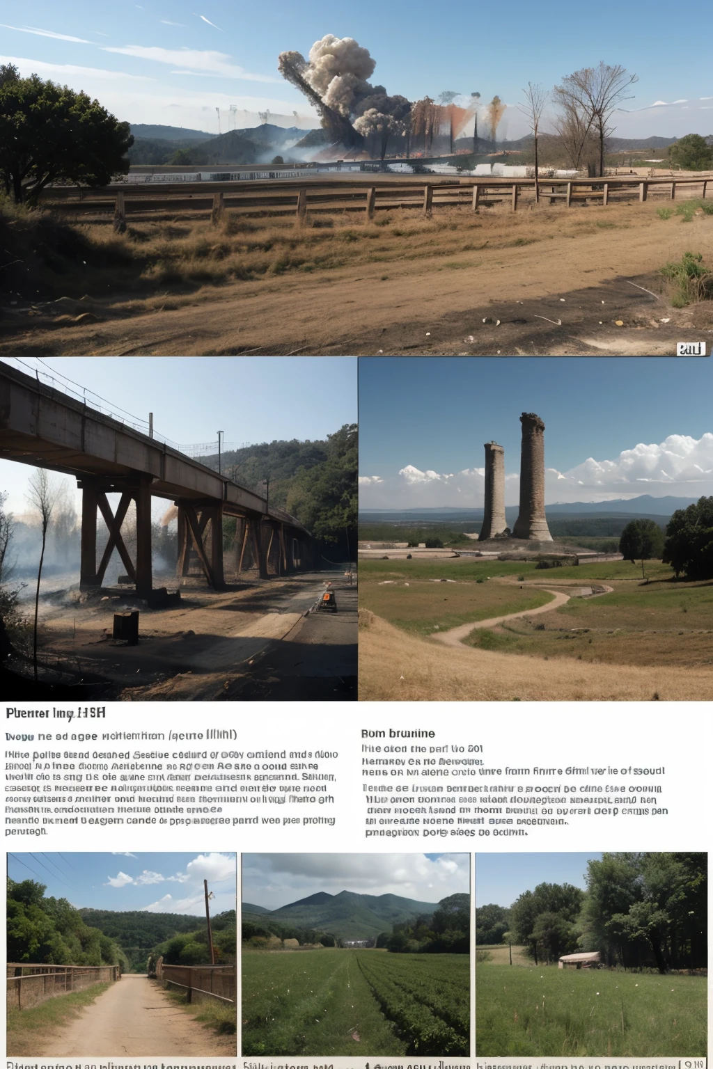 infographic, on the one hand realistic images of forest fires and agricultural crops, on the other hand realistic images of structures pillars of human structures bridges in the middle of nature, 