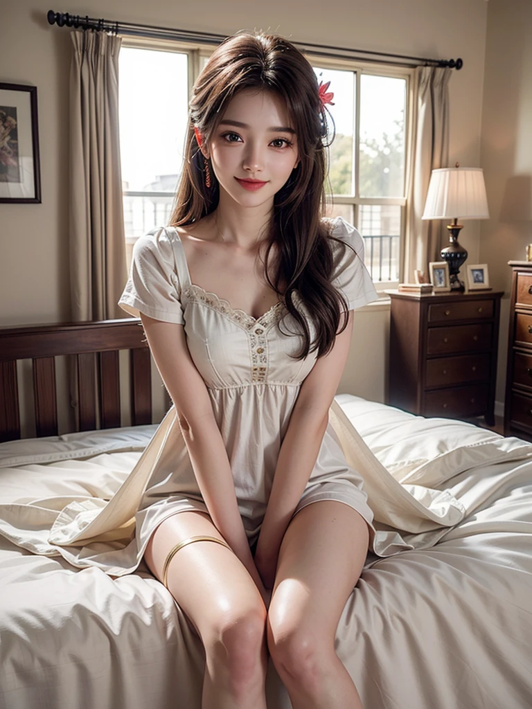 (1 girl,day view),(illustration),(pretty,very long hair),(best quality,Super fine details),(romantic,colorful),Symmetrical charming eyes, smile, indoors,sit on Beds, nightdress, white skin,look at me