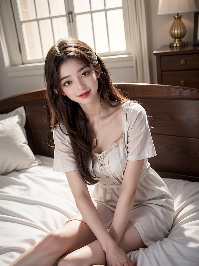 (1 girl,day view),(illustration),(pretty,very long hair),(best quality,Super fine details),(romantic,colorful),Symmetrical charming eyes, smile, indoors,sit on Beds, nightdress, white skin,look at me