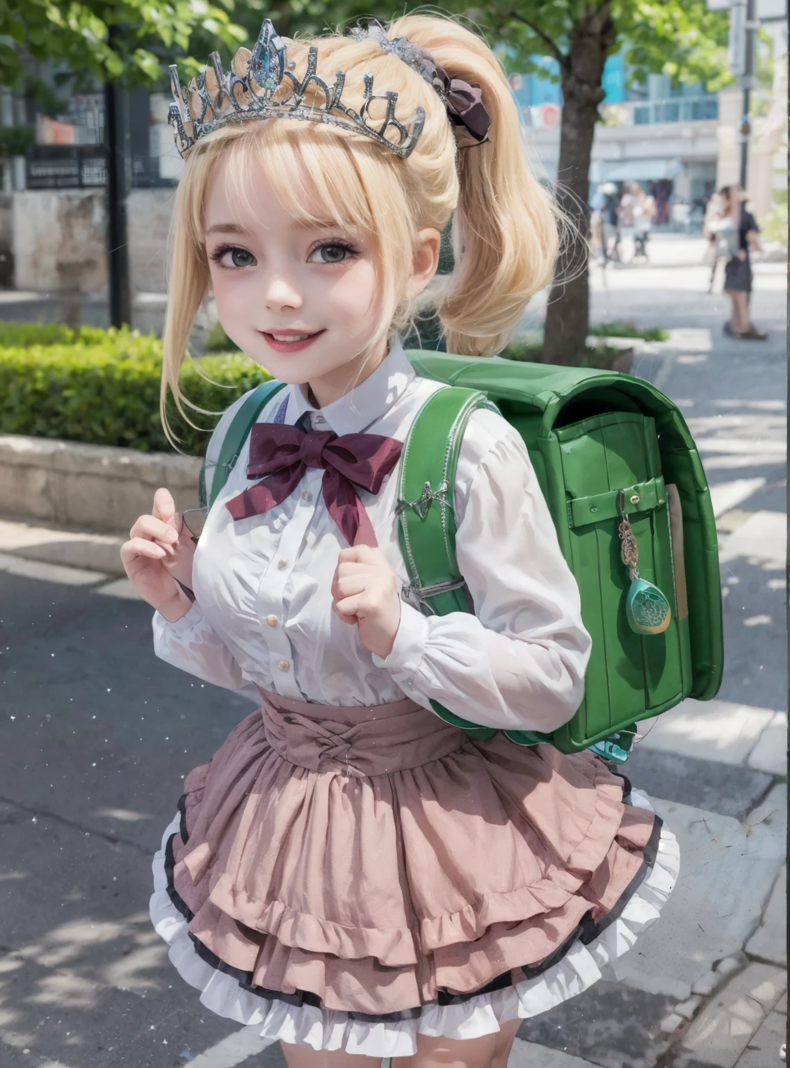 Masterpiece, hd, realistic, 1girl wearing a earthy pink idol dress (idoldress) layered skirt, frills, ribbon, bow, sequins, blonde hair
(antique yellow hair Bangs), outdoor, ponytail, standing, outdoor, wearing green backpack, (backpack:1.2), daytime, sunlight, smile, happy, wearing tiara