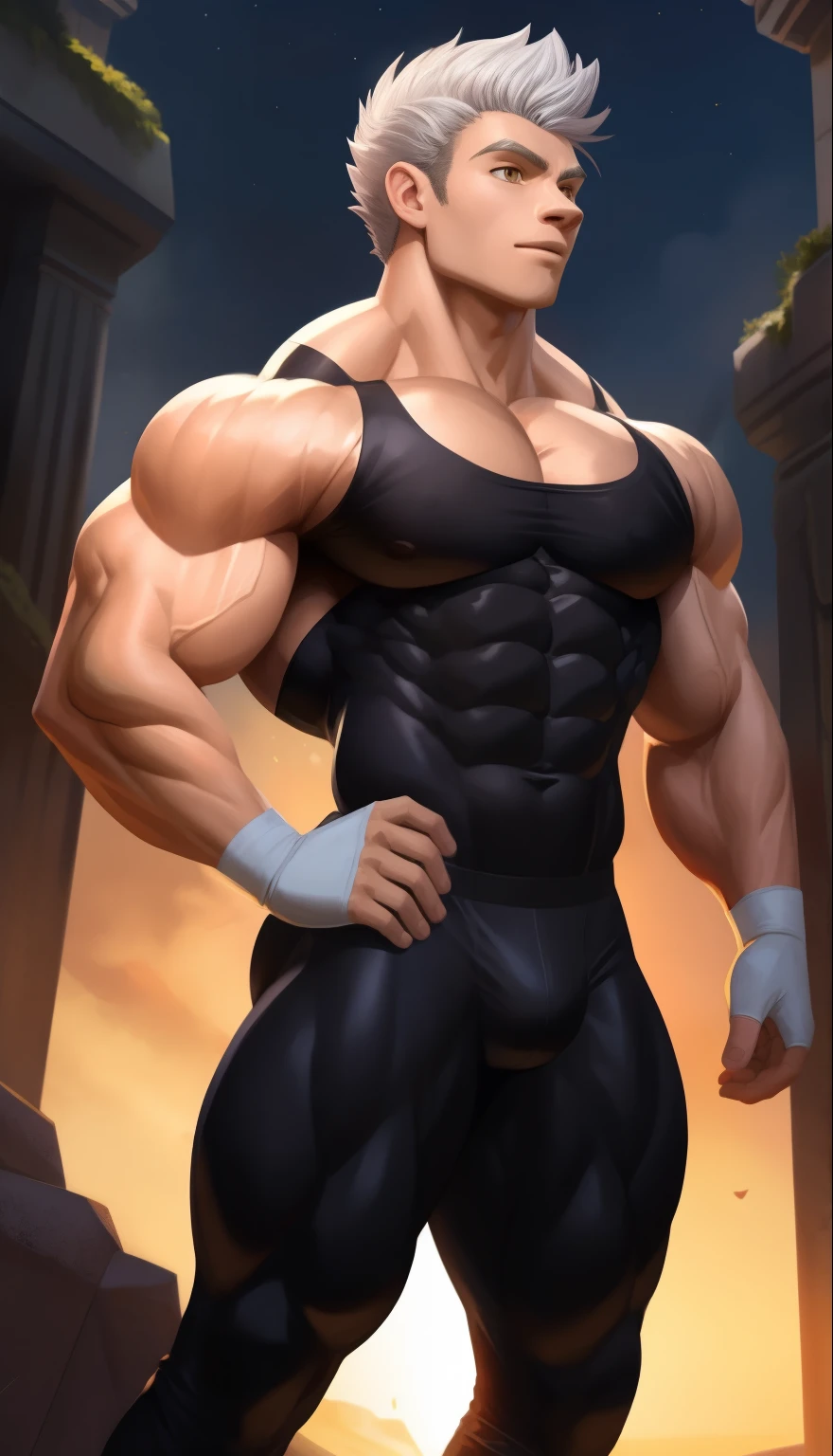 A ( face) 15 year old teen (15 yearsttractive boy, standing, full body. Mexican ethnicity. tanned skin, silver white hair, short hair bangs that fall on both sides of his youthful face. carefree expression, young man, alone, marked muscles, beautiful musculature, aesthetic stretch marks, inspiring physique, slender muscles, square pecs, beautiful V-cone, excellent abs and torso, chiseled abs, pectorals chiseled, perfect massive muscles, inflated muscles, voluminous pectorals, massive muscular body, a huge gigantic chest with a narrow waist, huge shoulders, ridiculously well-shaped large pecs, eight chiseled abs, (very toned and huge) with his military haircut and voluminous neck, narrow waist, golden eyes, young face, beautiful, young. Teen muscular young builder with extraordinary and firm back, chiseled muscles, rhomboid muscles, latissimus dorsi. Gigachad. he wears a Use Vegeta's training suit. A tight one-piece suit from the neck to the ankles, black in color, the suit has no sleeves, it does not use a belt. The black shirt and pants are a single piece of clothing, the shirt has a U neck, has no sleeves and highlights his prominent abdominals and pectorals. He doesn't wear a belt. His muscles stand out. He wears white gloves on his hands, and white boots. Ruins of a Jedi temple with forest background. standing, full body. (((Back))) huge firm muscular thighs, round buttocks and round butt with back, huge ass ((firm buttocks)) with big booty. (((black clothes)))