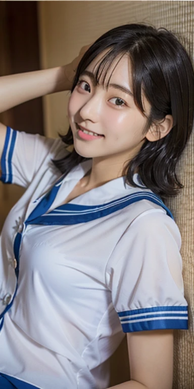 Ulzzang-6500-v1.1, (RAW Photos:1.2), (Realistic:1.4), Beautiful detailed girl, Very detailed eyes and face, Beautiful fine details, ファイルサイズがbig, (big), High resolution, Very detailed, highest quality, [masterpiece:1.6], [JK Uniform], figure, Very detailed, CG, The finer details, highest quality, Highly detailed CG uniform 8K wallpaper, Cinema Lighting, 1 girl, 17 years old, Cute Japanese , Perfect figure, Large, firm breasts, [Huge breasts, Heavy chest: 1.6], Cute droopy eyes, Beautiful big eyes, White school blouse, See-through bra, Sweaty and wet, [sexual excitement: 1.1], [sexual excitement: 1.1] Lying in bed: 1.5], Raise your hand, smile, (The whole body is wet), Shining Eyes