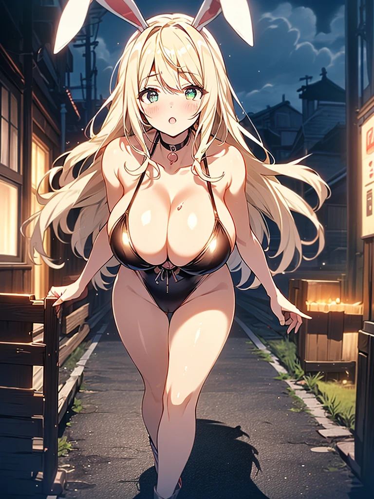 cute bunny girl,(((1girl))),((anime bunny girl with extremely cute and beautiful blonde hair walking seductively down the street)),(((bunny girl,anthro furry cute,bunny-girl))),(((bunny ears,bunny ears on head,big bunny ears))),
(large breasts:1.4),saggy breasts,(((blonde hair:1.35,colored inner hair,ear breathing,long hair))),((heterochromia,eye1 green eye2 orange,perfect eyes,upturned eyes:1.3,beautiful detailed eyes,finely detailed beautiful eyes:1,big highlight on eyes:1.2,slanted eyes)),((fat)),(((lustrous skin:1.5,bright skin: 1.5,skin tanned,shiny skin,very shiny skin,shiny body,plastic glitter skin,exaggerated shiny skin))),(spider lower abdomen,narrow waist,wide hip,athletic body,inflated legs,delicate detailed fingers,detailed body,detailed arms,human hands,(detailed face)),
cute,slutty,seductive,erotic,(((nsfw))),
(((slingshot swimsuit))),(((huge cleavage))),(detailed outfit,detailed clothes),
(dynamic pose:1.0),solo focus,embarrassed,centered,scale to fit dimensions,Rule of thirds,
outdoors,((night view)),(cyberpunk night street Background: 1.5,dark sky,alleyway, alley,thick clouds,detailed background:1.25),
(best quality),(high resolution),(sharp focus),(ultra detailed),(extremely detailed),(extremely high quality artwork),8k_wallpaper,(extremely detailed CG 8k),(very fine 8K CG),((hyper super ultra detailed perfect piece)),flawless,(((masterpiece))),illustration,vibrant colors,(intricate),High contrast,Selective lighting,Double exposure,HDR (High Dynamic Range),Post-processing,Background blur,