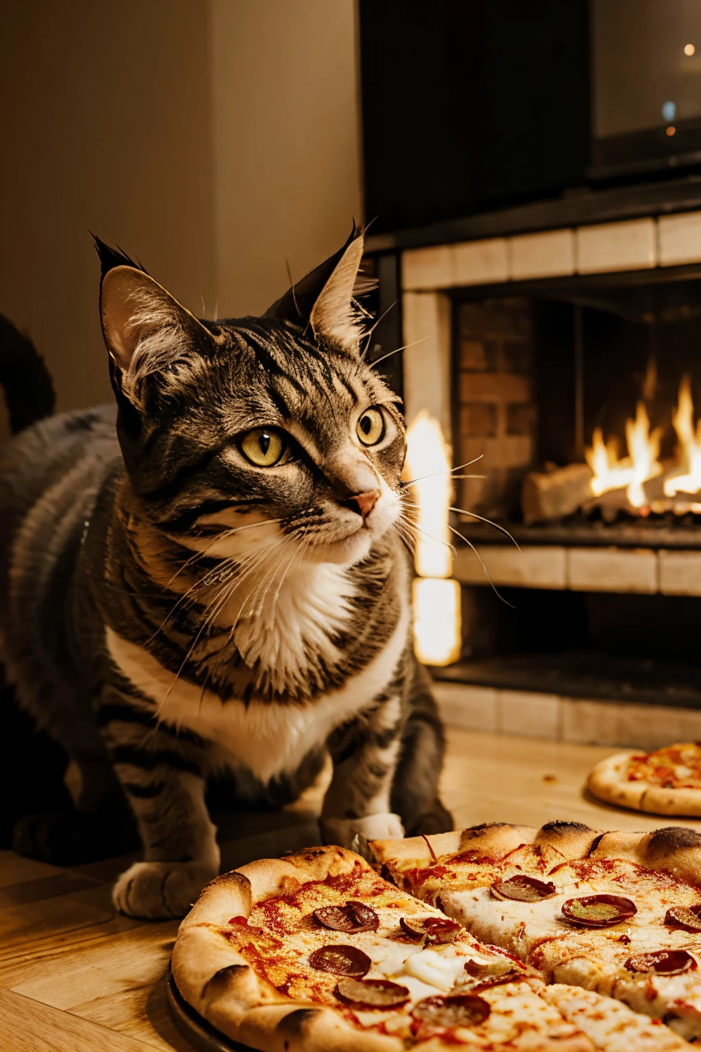 Cat eating pizza