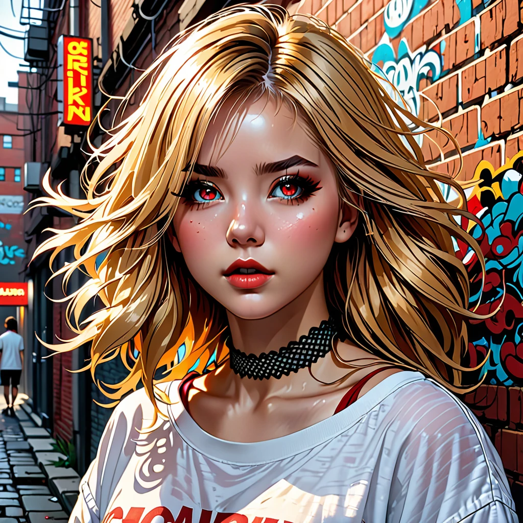 ultra realistic 8k cg, masterpiece, ((ultra detailed background, delicate pattern, intricate detail)), best quality, intricate details, chromatic aberration, 1girl, long hair, golden hair, messy hair, red highlights, hair over one eye, sharp eyes, choker, brick wall, graffiti, dim lighting, alley, oversized shirt,off shoulder, see through white shirt, Masterpiece, best quality