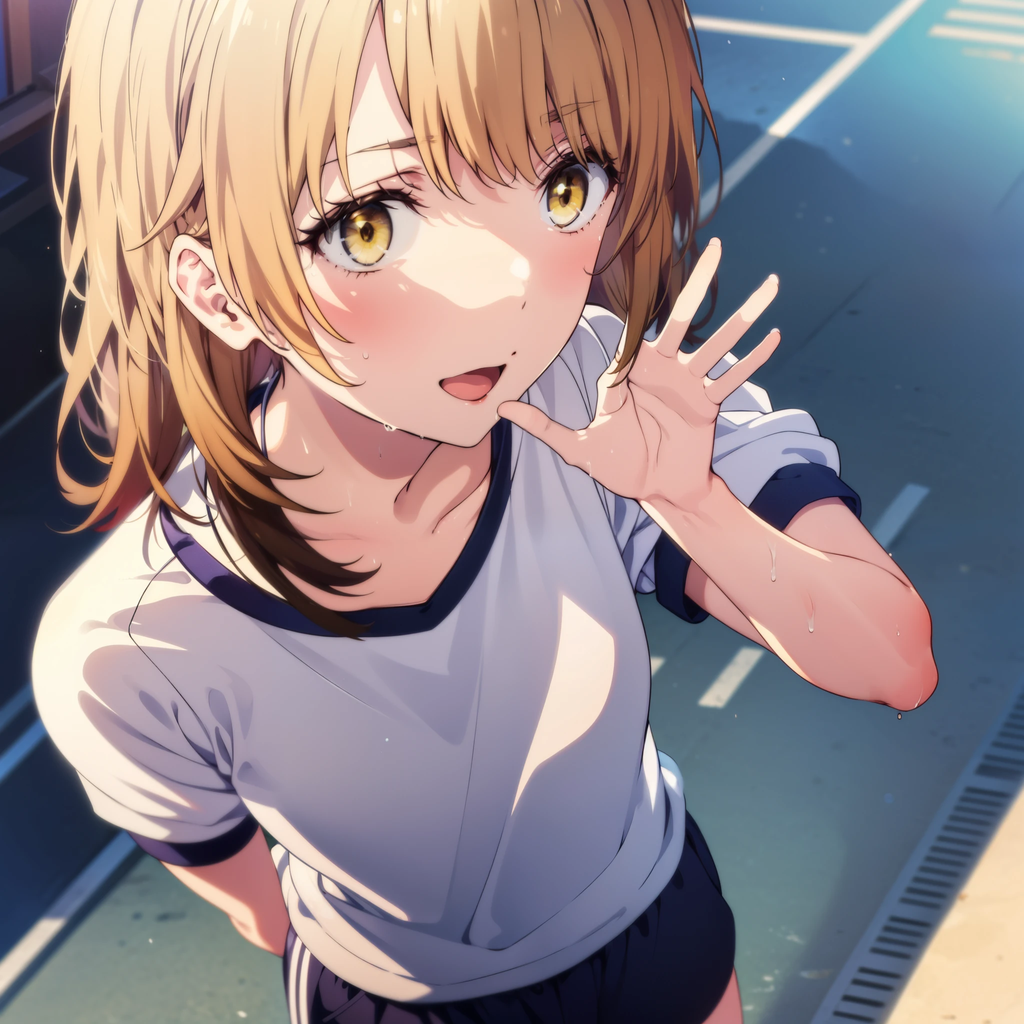 irohaisshiki, iroha isshiki, short hair, Brown Hair, (Brown eyes:1.5), smile,Open your mouth,Sweat,Wet Skin,Wet clothes,Sportswear,Bloomers,sneakers,So that the whole body goes into the illustration,running,Looking down from above,
Destroy outdoors, School playground,
壊す looking at viewer,Systemic
break (masterpiece:1.2), highest quality, High resolution, unity 8k wallpaper, (figure:0.8), (Beautiful fine details:1.6), Highly detailed face, Perfect lighting, Highly detailed CG, (Perfect hands, Perfect Anatomy),
