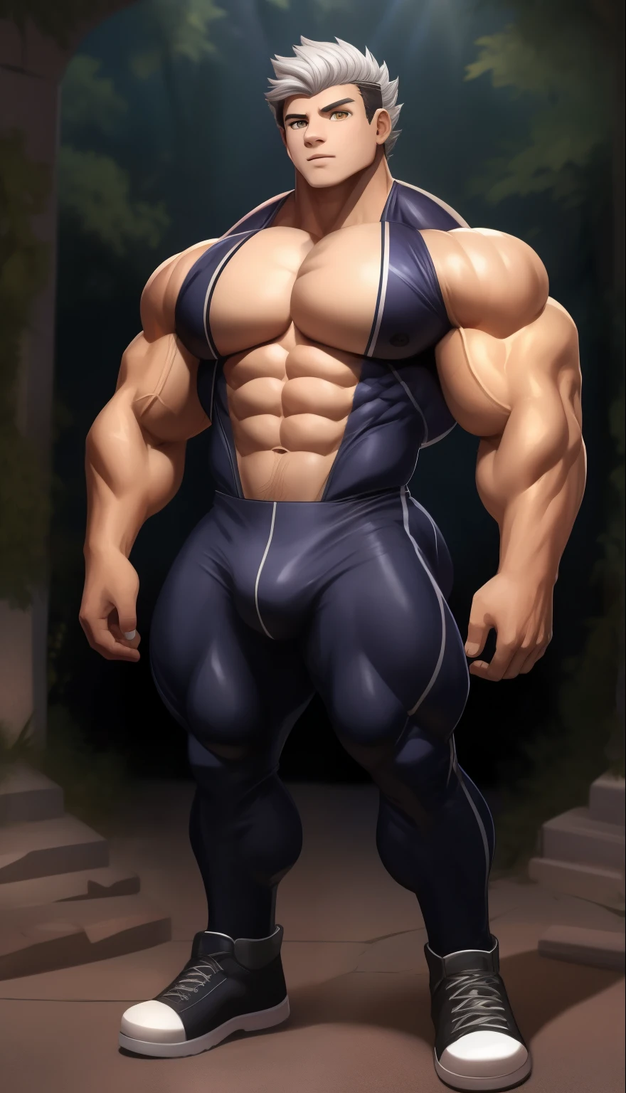 A  ( face) 15 year old teen (15 yearsttractive boy, standing, full body. Mexican ethnicity. tanned skin, silver white hair, short hair bangs that fall on both sides of his youthful face. carefree expression, young man, alone, marked muscles, beautiful musculature, aesthetic stretch marks, inspiring physique, slender muscles, square pecs, beautiful V-cone, excellent abs and torso, chiseled abs, pectorals chiseled, perfect massive muscles, inflated muscles, voluminous pectorals, massive muscular body, a huge gigantic chest with a narrow waist, huge shoulders, ridiculously well-shaped large pecs, eight chiseled abs, (very toned and huge) with his military haircut and voluminous neck, narrow waist, golden eyes, young face, beautiful, young. Teen muscular young builder with extraordinary and firm back, chiseled muscles, rhomboid muscles, latissimus dorsi. Gigachad. he wears a Use Vegeta's training suit. A tight one-piece suit from the neck to the ankles, black in color, the suit has no sleeves, it does not use a belt. The black shirt and pants are a single piece of clothing, the shirt has a U neck, has no sleeves and highlights his prominent abdominals and pectorals. He doesn't wear a belt. His muscles stand out. He wears white gloves on his hands, and white boots.  Ruins of a Jedi temple with forest background. standing, full body. (((Back))) huge firm muscular thighs, round buttocks and round butt with back, huge ass ((firm buttocks)) with big booty. (((black clothes)))