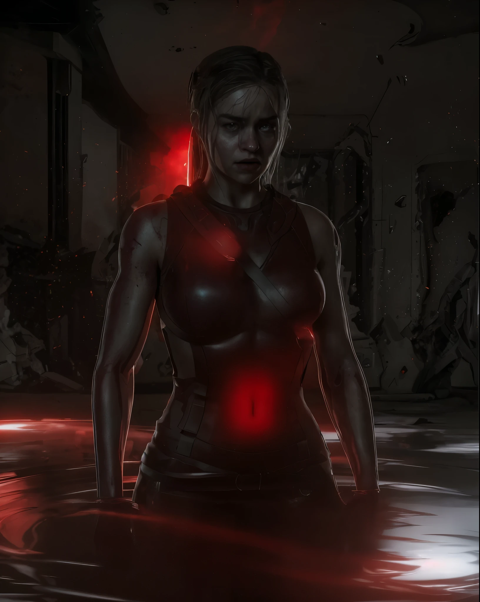 photorealistic photo of a Hot cleverage open torso or chest ponytail scared terrified Sci fi Emilia Clarke holding a sci fi pistol on Dark ishimura haunted abandoned Horror Space Ship photography, photorealism, cinematic rendering, ray tracing, the highest quality, the highest detail, Cinematic, Third-Person View, Blur Effect, Long Exposure, 8K, Ultra-HD, Natural Lighting, Spooky Red mist Moody Lighting, Cinematic Lighting