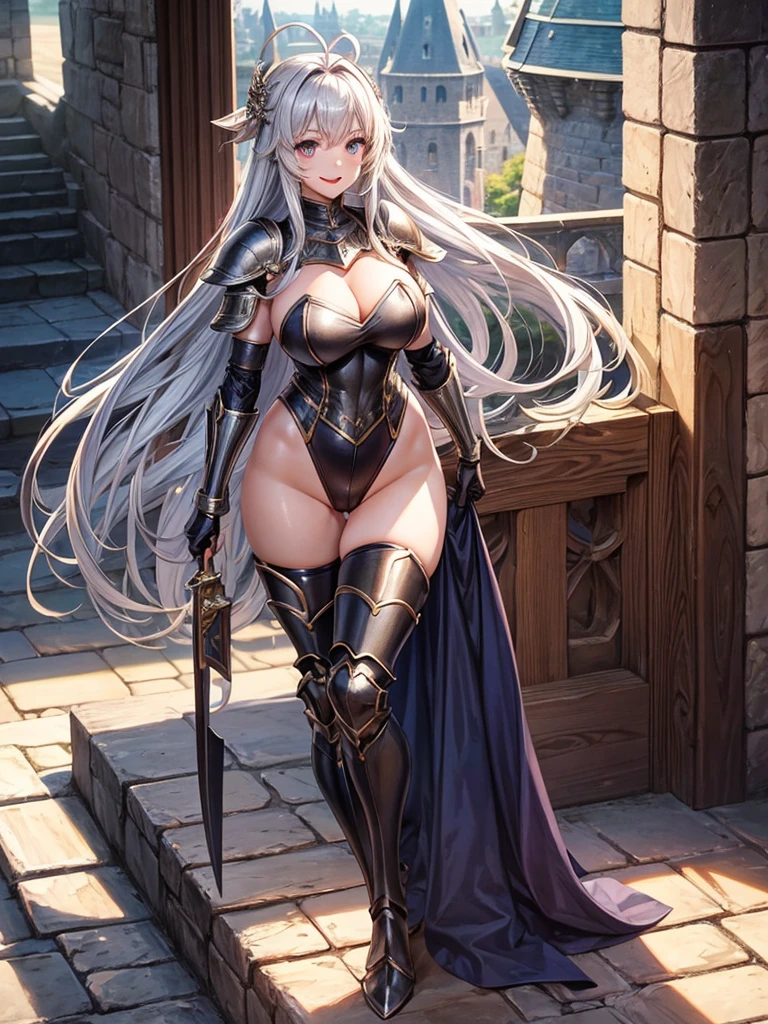 Woman knight、a beauty girl、huge tit、Excellent style、Nice Buddy、glamorous、leotard、s Armor、Bra chest armor、knee boots、gauntlets、hair adornments、silber hair、Longhaire、Ahoge、a medieval castle、is standing、full body seen、Outside the castle、natta、a smile、slightly open mouth