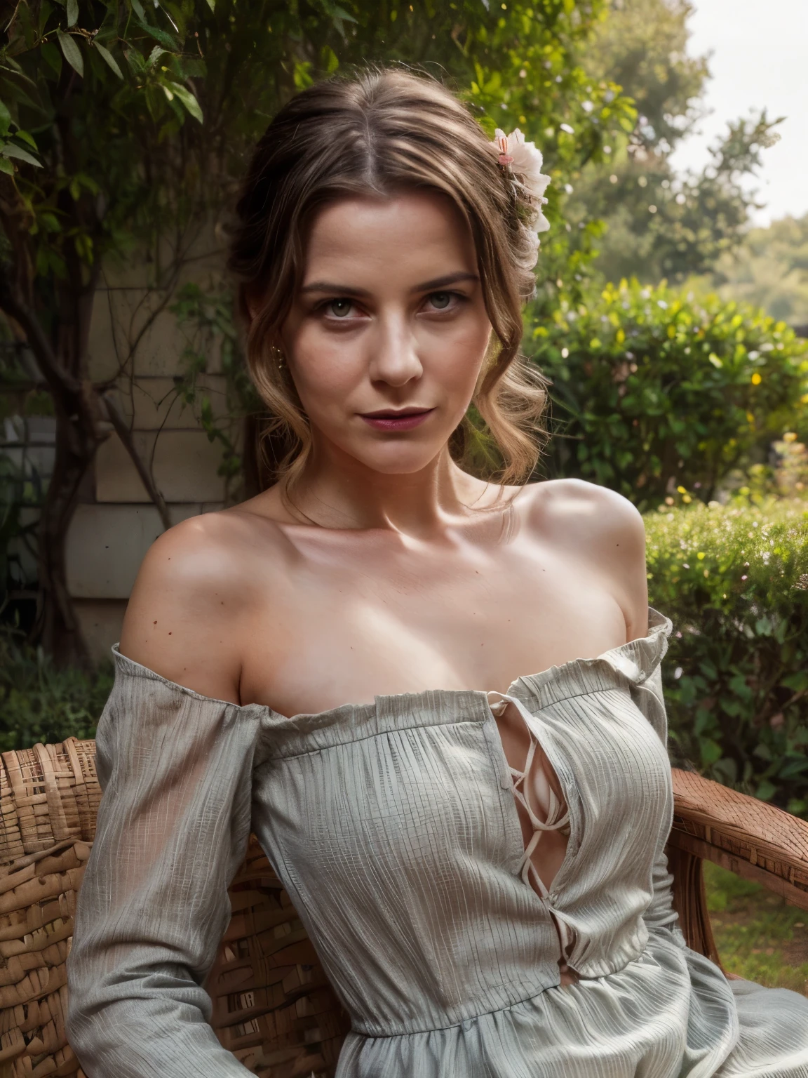 historic Victorian-era French arboretum nestled in Provence.
LaGermania:
SKS Woman (1.1): Channel the essence of a strong, independent woman with a hint of vulnerability, reminiscent of iconic supermodels like Stephanie Seymour. Let her gaze hold a captivating intensity (intense gaze), drawing the viewer in with a hint of mystery.
Timeless Elegance (1.1): LaGermania embodies timeless elegance. Her attire is a flowing, light-colored dress that complements the arboretum's lush greenery. Delicate lace accents, perhaps along the sleeves or neckline, add a touch of femininity, while her hair is styled in a way that evokes the Victorian era (e.g., a romantic updo with loose tendrils framing her face). A touch of dewy makeup enhances her natural beauty, but keeps the focus on her flawless skin, glowing with health and vitality.
Fierce and Confident (1.1): Despite the romantic setting, LaGermania's posture and expression exude a sense of fierce confidence. She owns the moment, radiating an air of mystery and intrigue. Perhaps a hint of a playful smile hints at her adventurous spirit.
The Enchanting Arboretum:
Lush Verdure (1.1): LaGermania is surrounded by a vibrant tapestry of lush greenery. Imagine an abundance of exotic flowers in a riot of colors – deep purples, vibrant pinks, and delicate yellows. Lush foliage in various shades of green provides a luxurious backdrop, showcasing the diverse flora of the arboretum.
Sunlight Dappled (1.1): Sunlight filters through the canopy of trees, casting dappled light on LaGermania and the surrounding foliage. This creates a mesmerizing interplay of light and shadow, adding a touch of romanticism and mystery to the scene.
Historical Charm (1.1): Incorporate subtle hints of the arboretum's Victorian heritage. Perhaps a glimpse of a white, wrought-iron archway draped in climbing vines frames LaGermania's portrait. Alternatively, a weathered stone bench adorned with intricate carvings could be strategically placed in the background.