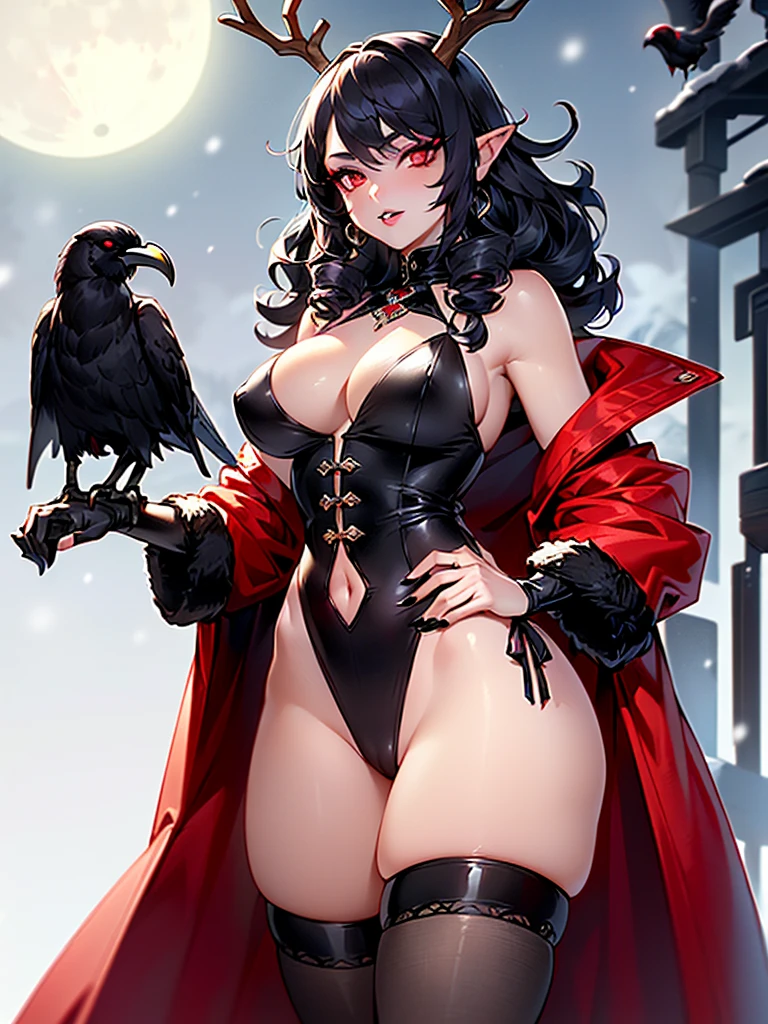 gothic reindeer girl,(((1girl))),((extremely cute and beautiful black haired anime gothic reindeer girl)),

(((anthro furry:1.2), Playboy_Reindeer, reindeer_antlers,(huge antlers:1.2),)),(large breasts:1.4),saggy breasts,((((black curly hair:1.35,medium hair,colored inner hair,ear breathing)))),(((red eyes:1.3))),intricate eyes,beautiful detailed eyes,symmetrical eyes,big eyes:1.5,((fat)),(((lustrous skin:1.5,bright skin: 1.5,skin tanned,shiny skin,very shiny skin,shiny body,plastic glitter skin,exaggerated shiny skin,illuminated skin))),(spider lower abdomen,narrow waist,wide hip,athletic body,inflated legs,delicate detailed fingers,detailed body,detailed arms,human hands,(detailed face)),

cute,slutty,seductive,erotic,(((nsfw))),

zettai ryouiki,revealing clothing,show skin,(((Sexy goth fur coat, goth fur coat outfit, wearing a goth fur coat:1.3,dark red winter coat))),((red goth mini-skirt,red goth mini skirt with furry edge,visible thong straps)),(red gothic clothes,semi-naked,with little goth clothing),((((Black Eyeshadow,Thick Black Eyeliner,Long Dramatic Eyelashes,Black Lips,moon Accessories,ravens ornaments)))),((ravens on her clothes)),(((intricate outfit,intricate clothes,embroidered outfit,ornate outfit))),

(dynamic pose:1.0),embarrassed,(centered,scale to fit dimensions,Rule of thirds),

((snowy pine forest at night)), with dark stormy clouds,winter,scenery:1.25,((snow forest background)),Christmas tree,

highres,sharp focus,(ultra detailed,extremely detailed),(photorealistic artwork:1.37),(extremely detailed CG unity 8k wallpaper),(((vibrant colors,vibrant theme))),(intricate),(masterpiece),(best quality),
