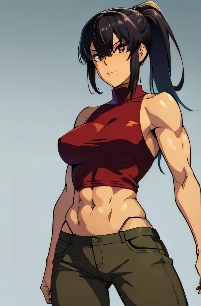 best quality,high resolution,((fighter)),(((muscle))),clothed,((tan)),tall,ponytail、Black Hair