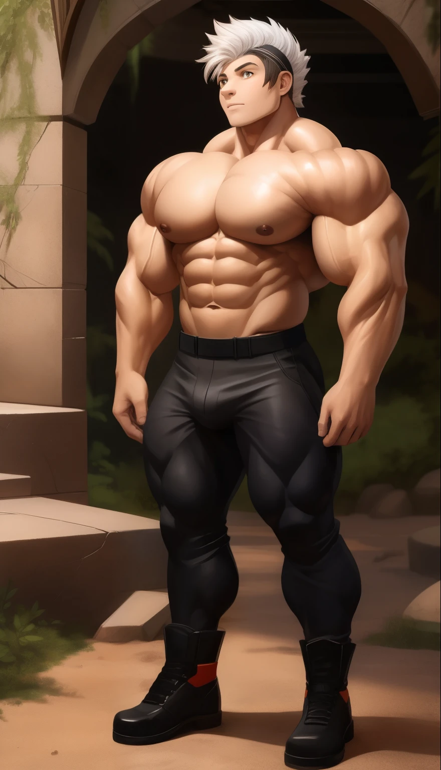 A ( face) 15 y years old) very attratanding, full body. Mexican ethnicity. tanned skin, silver white hair, short hair bangs that fall on both sides of his youthful face. carefree expression, young man, alone, marked muscles, beautiful musculature, aesthetic stretch marks, inspiring physique, slender muscles, square pecs, beautiful V-cone, excellent abs and torso, chiseled abs, pectorals chiseled, perfect massive muscles, inflated muscles, voluminous pectorals, massive muscular body, a huge gigantic chest with a narrow waist, huge shoulders, ridiculously well-shaped large pecs, eight chiseled abs, (very toned and huge) with his military haircut and voluminous neck, narrow waist, golden eyes, young face, beautiful, young. Teen muscular young bodybuilder with extraordinary and firm back, chiseled muscles, rhomboid muscles, latissimus dorsi. Gigachad. he wears a Use Vegeta's training suit. A tight one-piece suit from the neck to the ankles, black in color, the suit has no sleeves, it does not use a belt. The black shirt and pants are a single piece of clothing, the shirt has a U neck, has no sleeves and highlights his prominent abdominals and pectorals. He doesn't wear a belt. His muscles stand out. He wears white gloves on his hands, and white boots. Ruins of a Jedi temple with forest background. standing, full body. (((Back))) huge firm muscular thighs, round buttocks and round butt with back, huge ass ((firm buttocks)) with big booty. (((black clothes)))