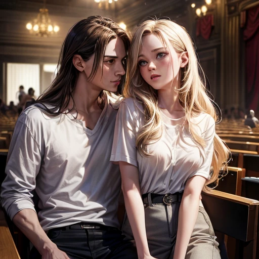 movie poster, butterfly, SF, movie, atmosphere, null, male and female couple, Blonde and long-haired woman, Adult, (realism: 1.4), highest quality, masterpiece, male, thin, (1 person, White loose shirt, Black trousers, Audience Watch, Brown Hair, Grey Eyes, Mouth closed, Upper Body), (Idol's face, Face of Korea, Sharp eyeliner) (male), (Face Focus, Done, Lightning in the movie, (Bright Spring Theme, 短髪のmale性),((close-up of female face on background of man standing in foreground))