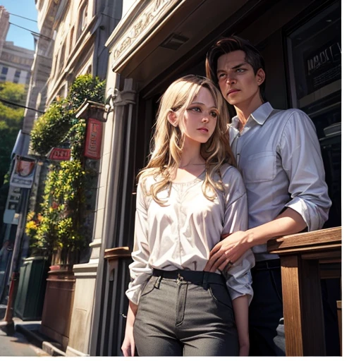 movie poster, butterfly, SF, movie, atmosphere, null, male and female couple, Blonde and long-haired woman, Adult, (realism: 1.4), highest quality, masterpiece, male, thin, (1 person, White loose shirt, Black trousers, Audience Watch, Brown Hair, Grey Eyes, Mouth closed, Upper Body), (Idol's face, Face of Korea, Sharp eyeliner) (male), (Face Focus, Done, Lightning in the movie, (Bright Spring Theme, 短髪のmale性),((close-up of female face on background of man standing in foreground))