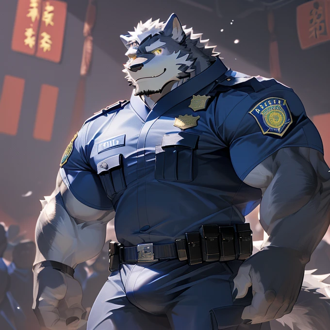 masterpiece,best quality,8K resolution,Very detailed,Furry,((Gray and white werewolf)),muscle,Strong,超大muscle, (Golden Eyes),For the audience,portrait,((smiling)((night))((light)),Highest quality scene,((China)),((alone)),(((Wearing police uniform,Crotch bulge)))