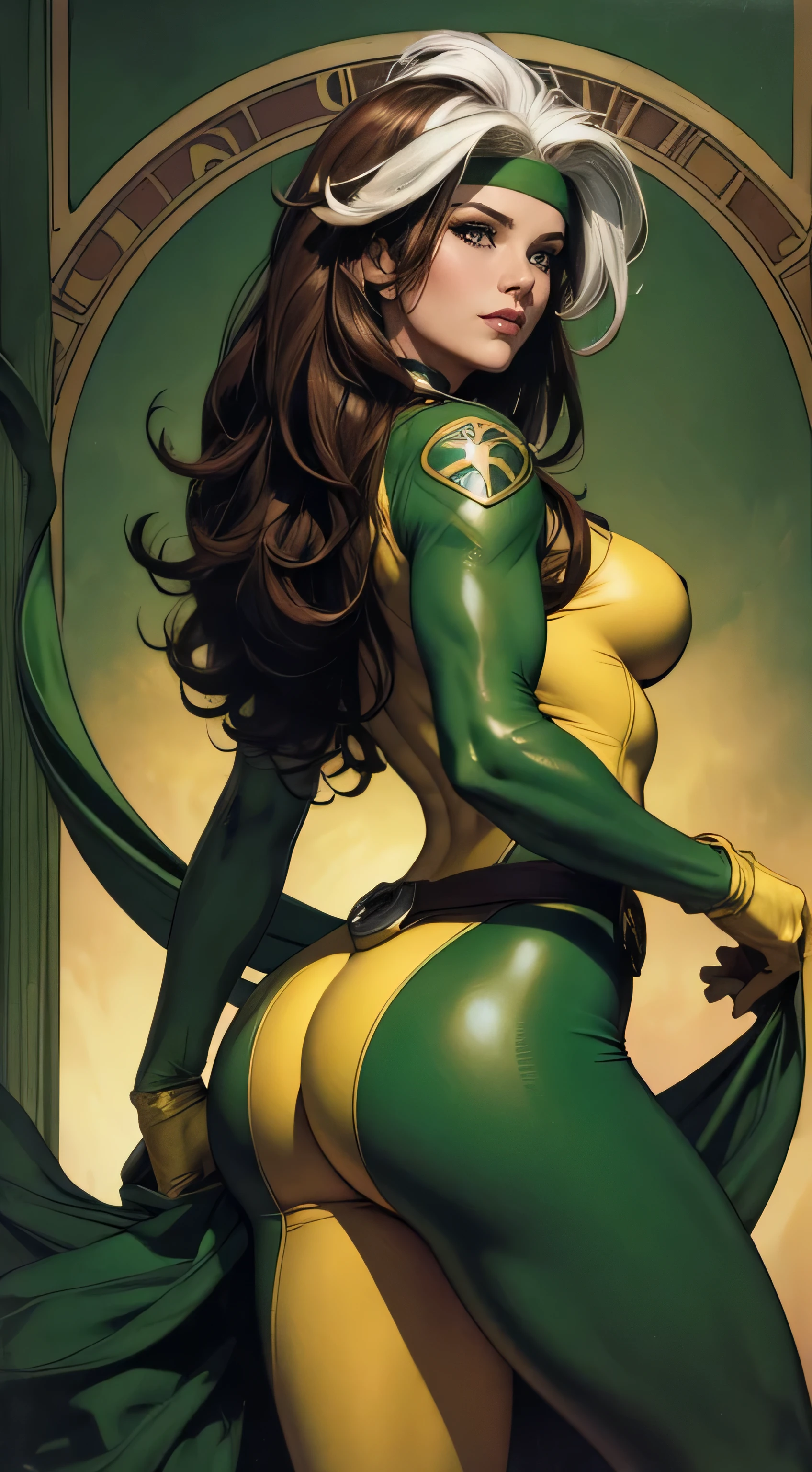 (masterpiece:1.0), (best_quality:1.2), Classic Rogue, 1991 Rogue X-Men, 1 girl, Only 1, back view, big butt, medium length hair, brown hair, wavy hair, messy hair, one lock of white hair, green eyes, mischievous look, smirking, fit figure, curvy figure, medium breasts, lipstick, makeup, jacket, green headband, belt, yellow gloves, skin tight bodysuit, open jacket, light source from above, (realism: 1.5), (Realistic: 1.4), (Absurdity:1.4), 8k, ultra-detailed, Detailed Beautiful Woman, (Art Nouveau style), influence by John William Waterhouse and Alphons Mucha, circles, banners, background colors: green, gold, yellow, white, beige