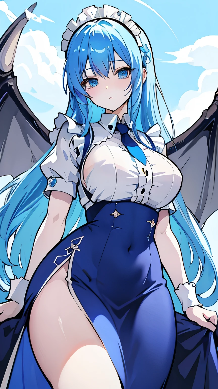 Bright light blue hair、long hair、Shiny blue eyes、Dragon、Maid、DragonMaid、Big Breasts、Detailed Art、Service、