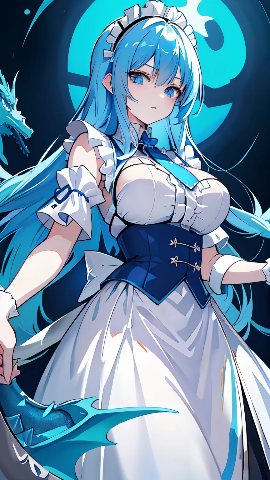 Bright light blue hair、long hair、Shiny blue eyes、Dragon、Maid、DragonMaid、Big Breasts、Detailed Art、Will take care of you