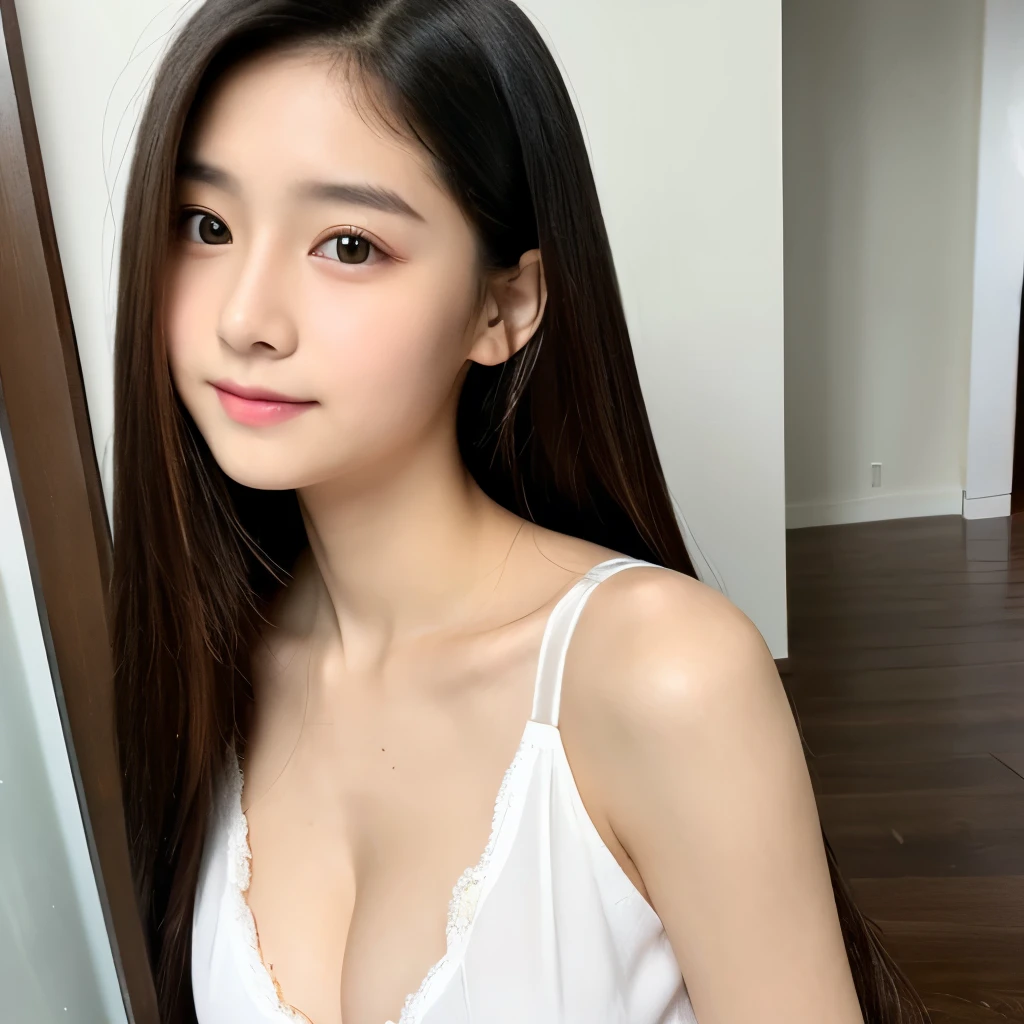 woman, Shirt, cleavage, beauty face, Cute face, thin, long Sleek Straight hair style, very small breast