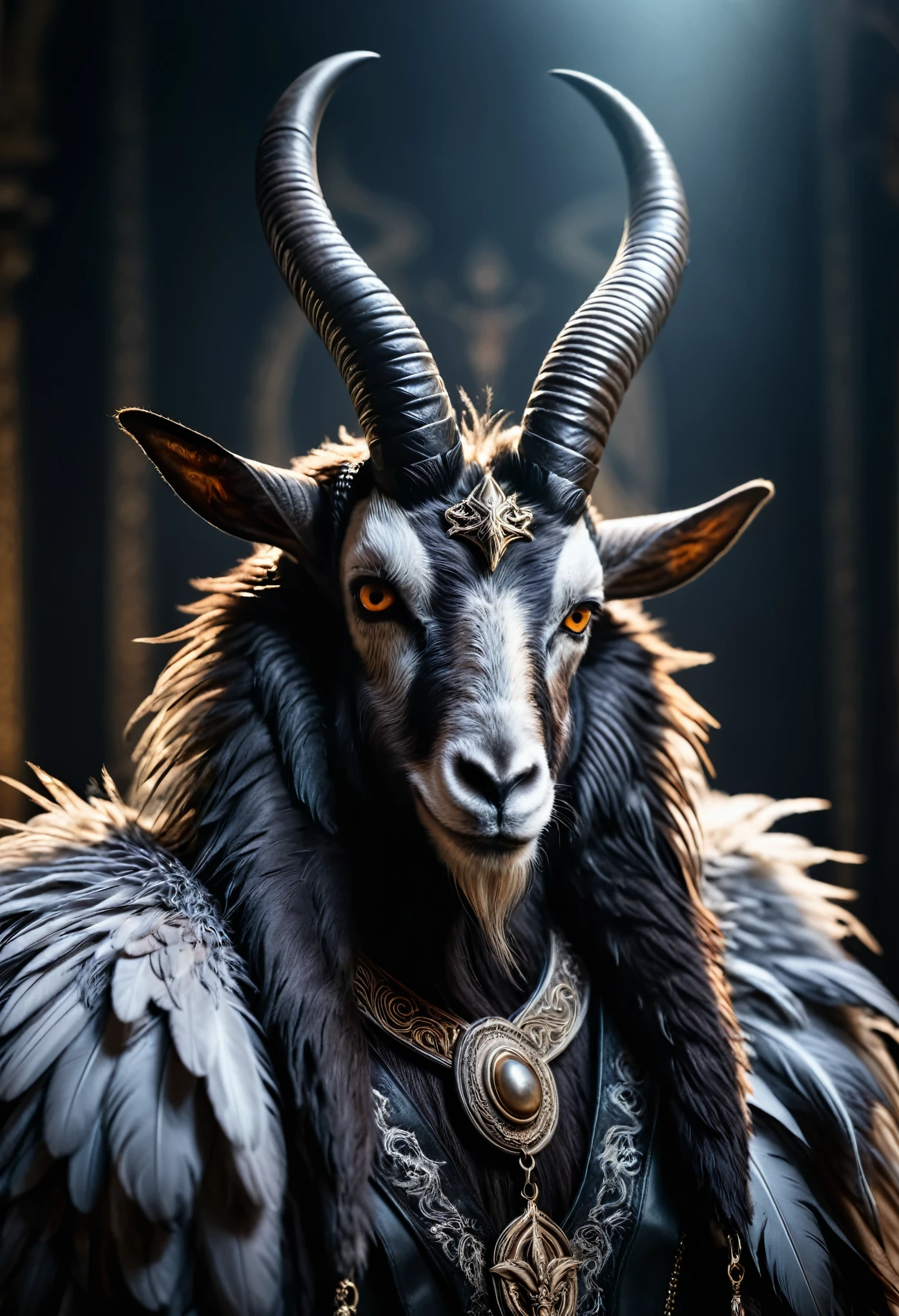 Baphomet, fur, feathers, metal, leather, damask fabric, top soft light, dark environment, highly detailed, melancholic, soft light, hyper clean stroke, half body portrait, highly detailed, photo realistic, cinematic, movie still, captured in the style of Sony Alpha A7 III camera